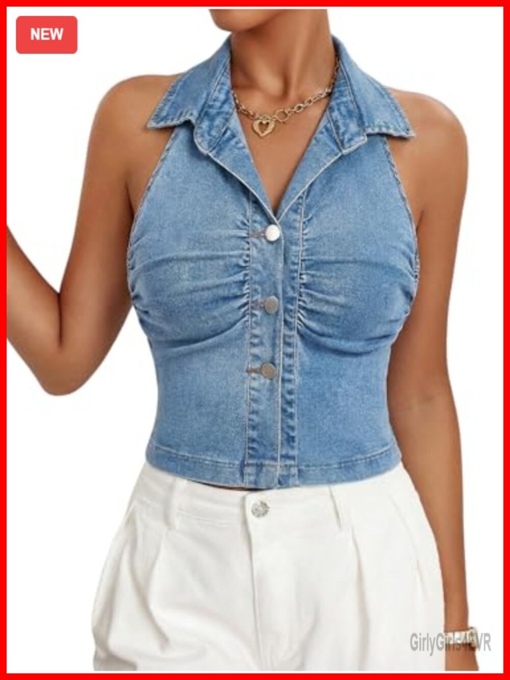 Sleeveless Collar Neck Denim Corset Top Button Front Ruched Cropped